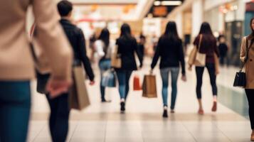 Defocused people walking in a modern shopping mall with some shoppers in motion blur photo