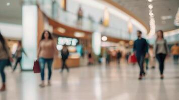 desenfocado personas caminando en un moderno compras centro comercial con algunos compradores en movimiento difuminar foto