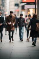 Defocused people walking in the street in motion blur photo