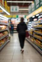 Defocused people walking in the supermarket store interior in motion blur photo