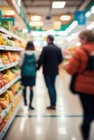 Defocused people walking in the supermarket store interior in motion blur photo