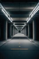 an empty parking garage with a dark floor photo