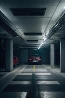 an empty parking garage with a dark floor photo
