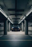 an empty parking garage with a dark floor photo