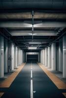 an empty parking garage with a dark floor photo