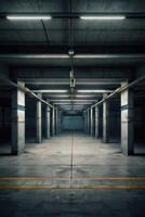 an empty parking garage with a dark floor photo