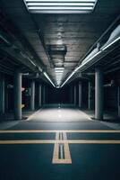 an empty parking garage with a dark floor photo