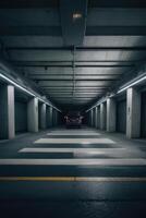 an empty parking garage with a dark floor photo