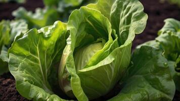 un cerca arriba de lechuga creciente en un campo foto