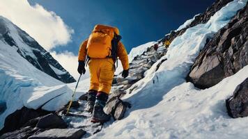 Group of hikers trekking the snowy summit of Mount Everest photo