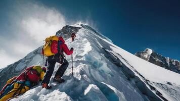 Group of hikers trekking the snowy summit of Mount Everest photo