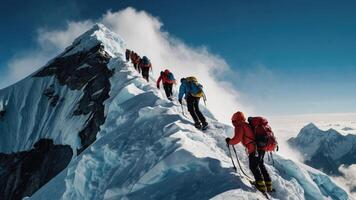 Group of hikers trekking the snowy summit of Mount Everest photo