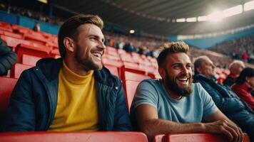 Happy men watching football matches in football stadiums photo