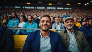 Happy men watching football matches in football stadiums photo