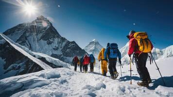 Group of hikers trekking the snowy summit of Mount Everest photo