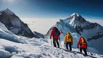 Group of hikers trekking the snowy summit of Mount Everest photo