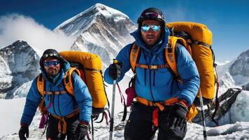 Group of hikers trekking the snowy summit of Mount Everest photo