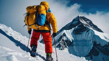 Group of hikers trekking the snowy summit of Mount Everest photo