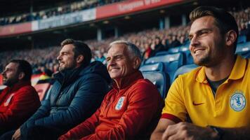 Happy men watching football matches in football stadiums photo