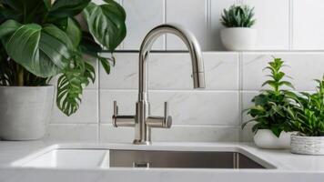 un cocina lavabo con un grifo y un planta foto