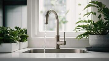 a kitchen sink with a faucet and a plant photo