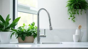 a kitchen sink with a faucet and a plant photo