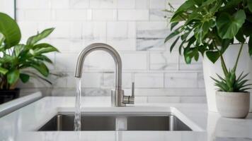 a kitchen sink with a faucet and a plant photo