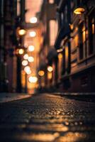 a blurry image of a street at night photo