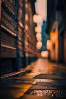 a blurry image of a street at night photo