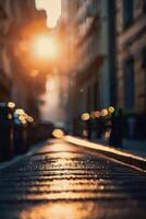 a street with cars parked on it at sunset photo