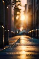 a street with cars parked on it at sunset photo