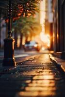 a street with cars parked on it at sunset photo