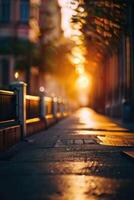 a street with cars parked on it at sunset photo