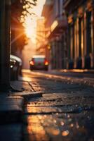 a street with cars parked on it at sunset photo