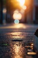 a street with cars parked on it at sunset photo