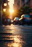 a street with cars parked on it at sunset photo