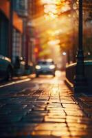 a street with cars parked on it at sunset photo