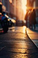 a street with cars parked on it at sunset photo