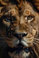 a close up of a lion's face photo