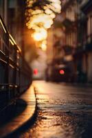 a street with cars parked on it at sunset photo