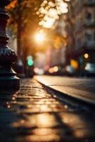 a street with cars parked on it at sunset photo