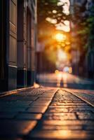 a street with cars parked on it at sunset photo