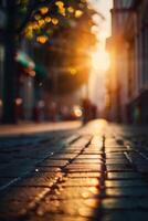 a street with cars parked on it at sunset photo