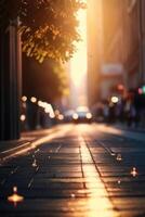 a street with cars parked on it at sunset photo