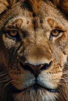 a close up of a lion's face photo