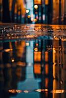 a street at night with lights and reflections photo