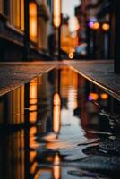 a street at night with lights and reflections photo