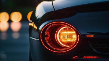 a close up of the tail light of a sports car photo