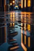 a street at night with lights and reflections photo
