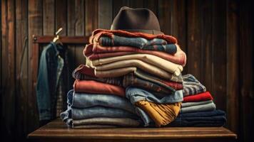 a stack of folded clothes on a wooden table photo